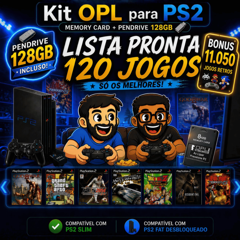 Kit OPL PS2 + Pendrive 128GB | Pronto Para Usar | +120 Jogos + Bônus Retro | Slim e Fat