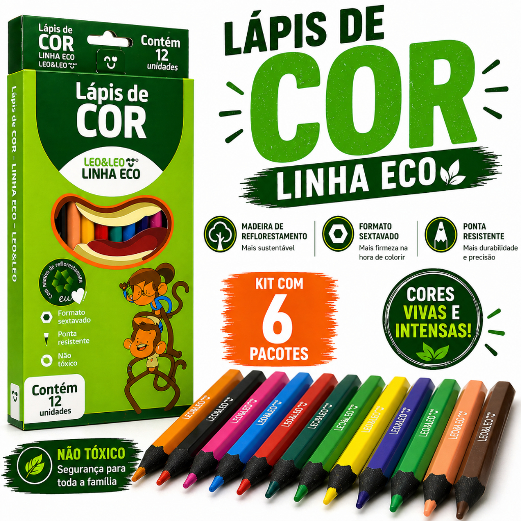 Kit  Lápis de Cor Leo&Leo 12 Cores Cada Caixa Escolar Infantil Não Tóxico