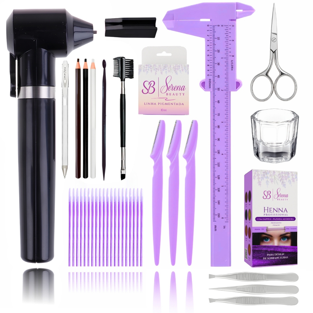 Kit Design Sobrancelha Henna Navalha Pinça Tesoura Dappen Mixer Lápis Pincel Linha Palito Paquímetro