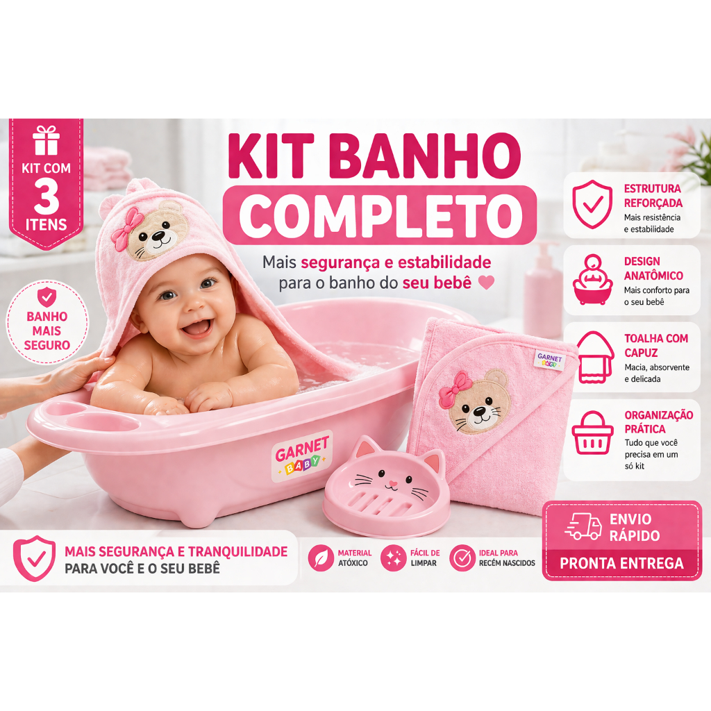 Kit Banheira de Bebe 22L +Toalha de banho + Saboneteira Menina/Menino e branco