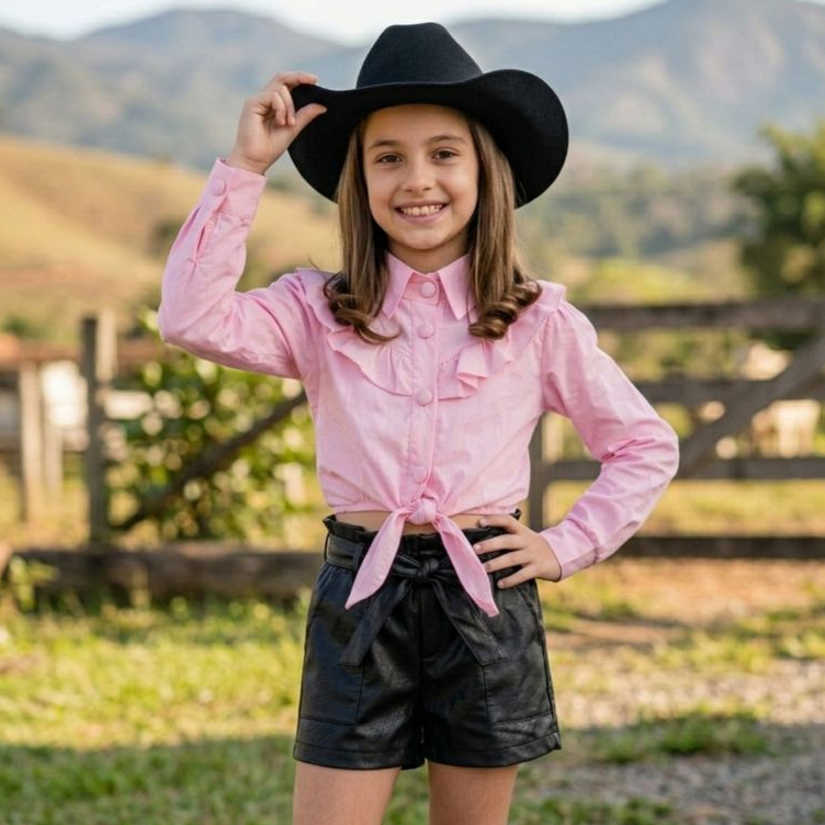 Cropped Camisa Infantil Menina Social Boaideira Rodeio Country 2 ao 10 Manga Comprida