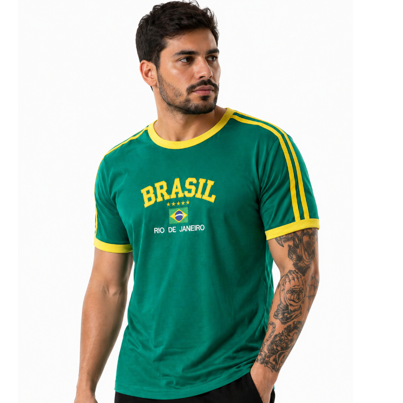 Camisa do Brasil Bordada bandeira masculina listrada