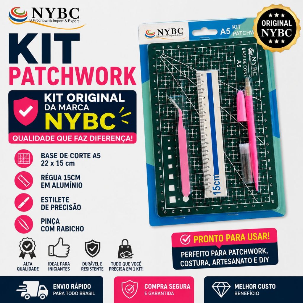 Kit base de corte Patchwork 22x15  A5 com régua, estilete de precisão e pinça da NYBC 