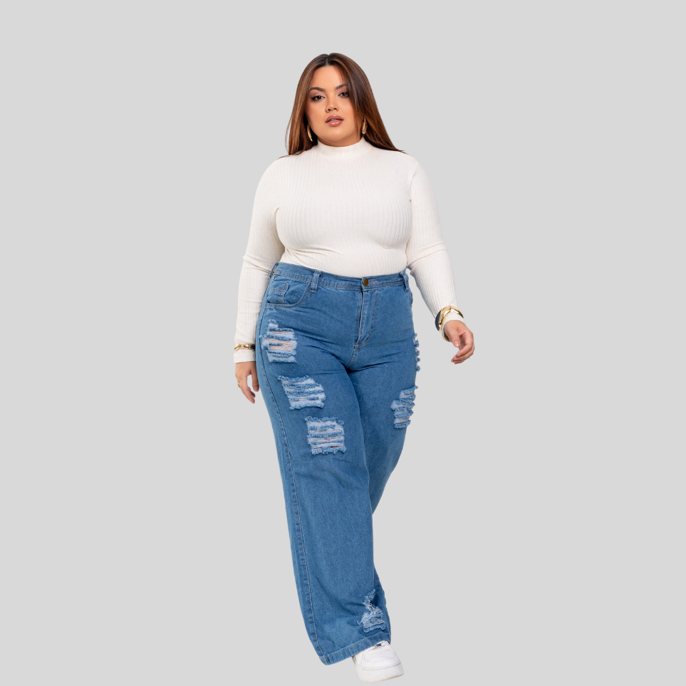 Calça Jeans Wide Leg Plus Size Cintura Alta