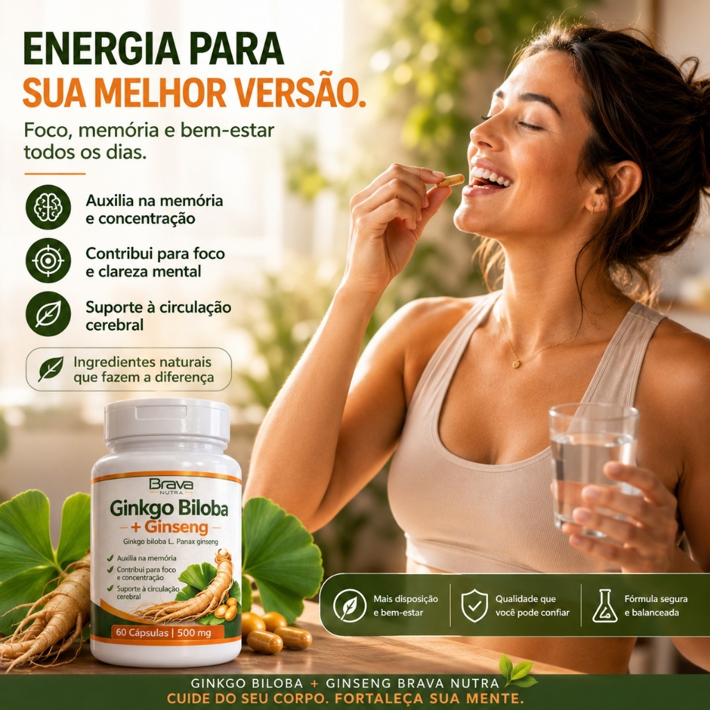 Suplemento Ginkobiloba 60 Cápsulas 500mg | Foco e Concentração | Envio Imediato