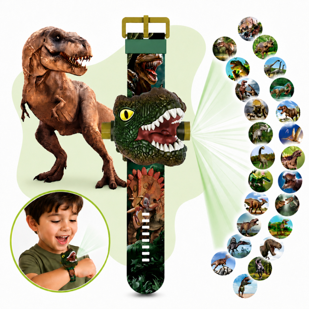 Relógio Dinossauro Luzes Projetor Infantil Tiranossauro Rex 24 Imagens Dino LED Brinquedo Interativo