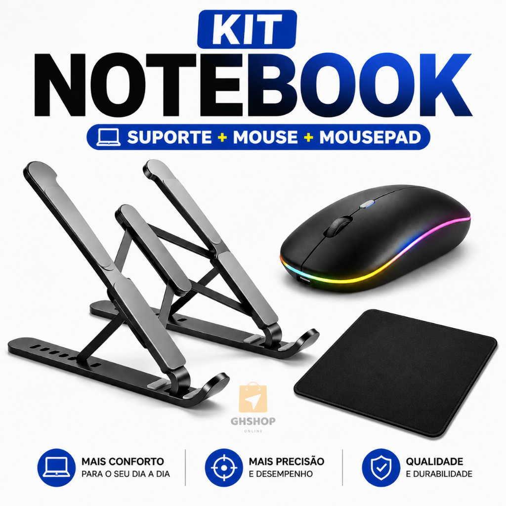 Kit Suporte de Notebook+Mouse Sem Fio+Mouse Pad Apoio Punho