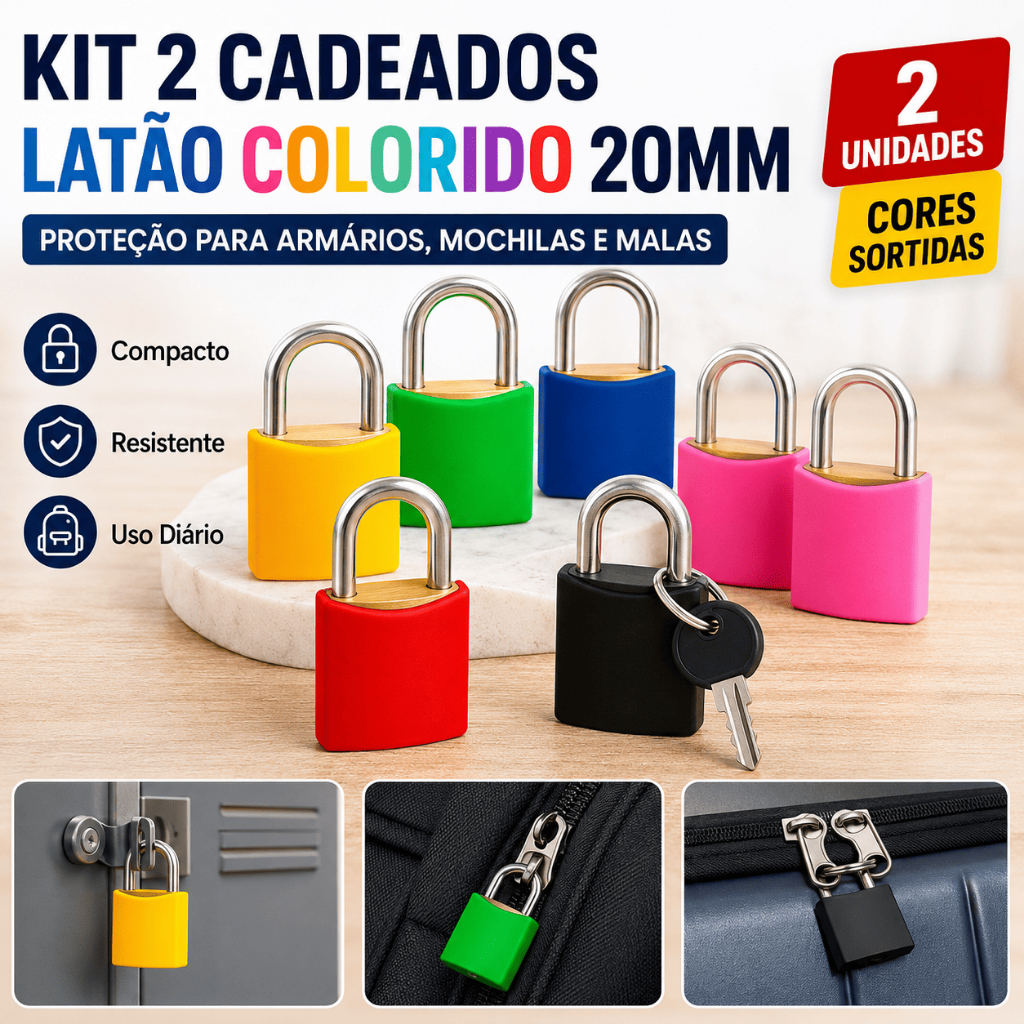 Kit 2 Cadeados Pequenos Coloridos 20mm de Latão Para Mochila Armário Mala e Gaveta