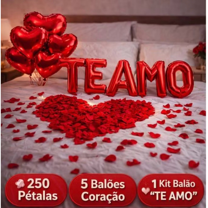 Pétalas de Rosa Artificial 250 Unidades +  Balões Coração + TE AMO Decoração Romântica Surpresa Amor Namorado