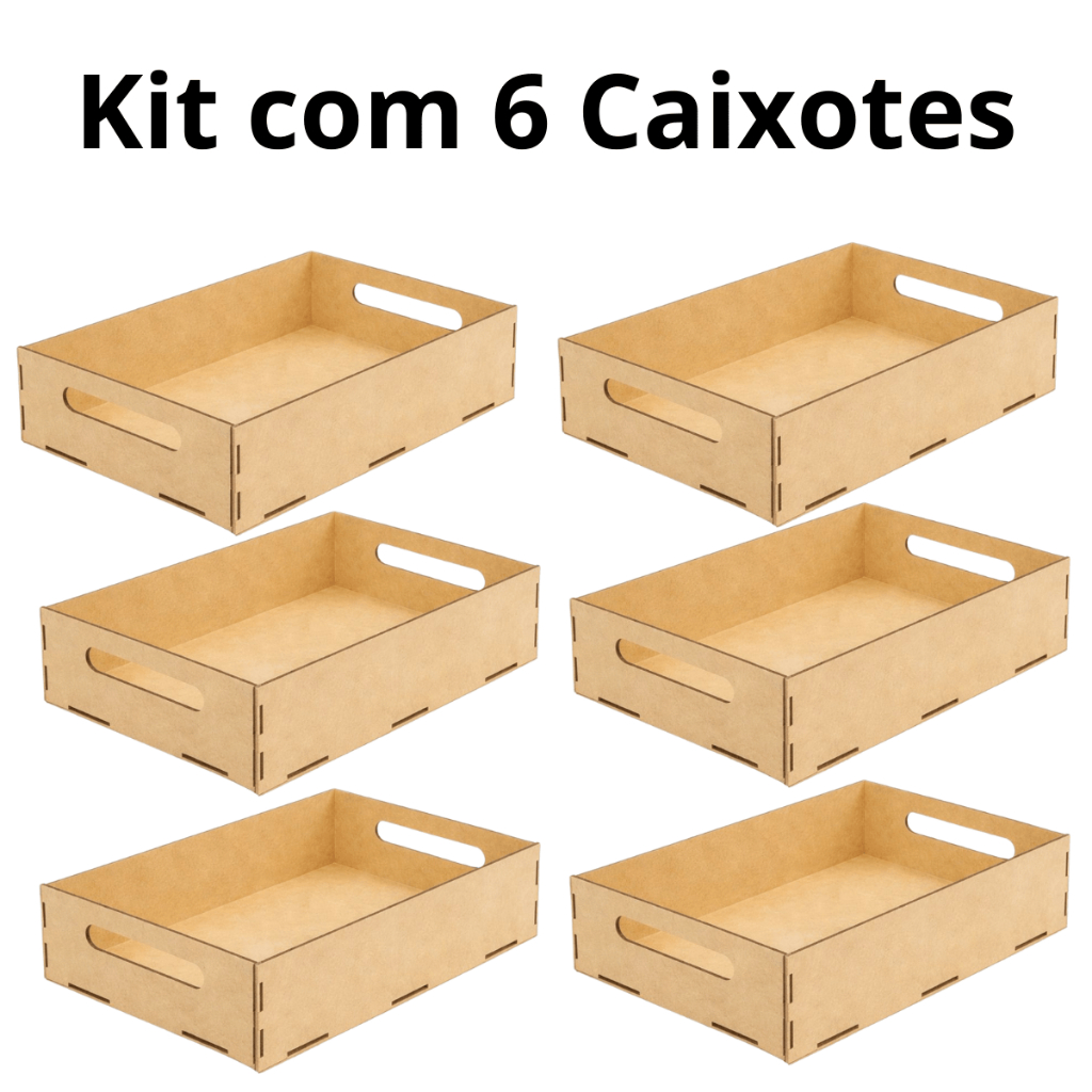 Kit 6 Bandeja com Alça Lisas MDF Cru Decoração 26x20x6 cm