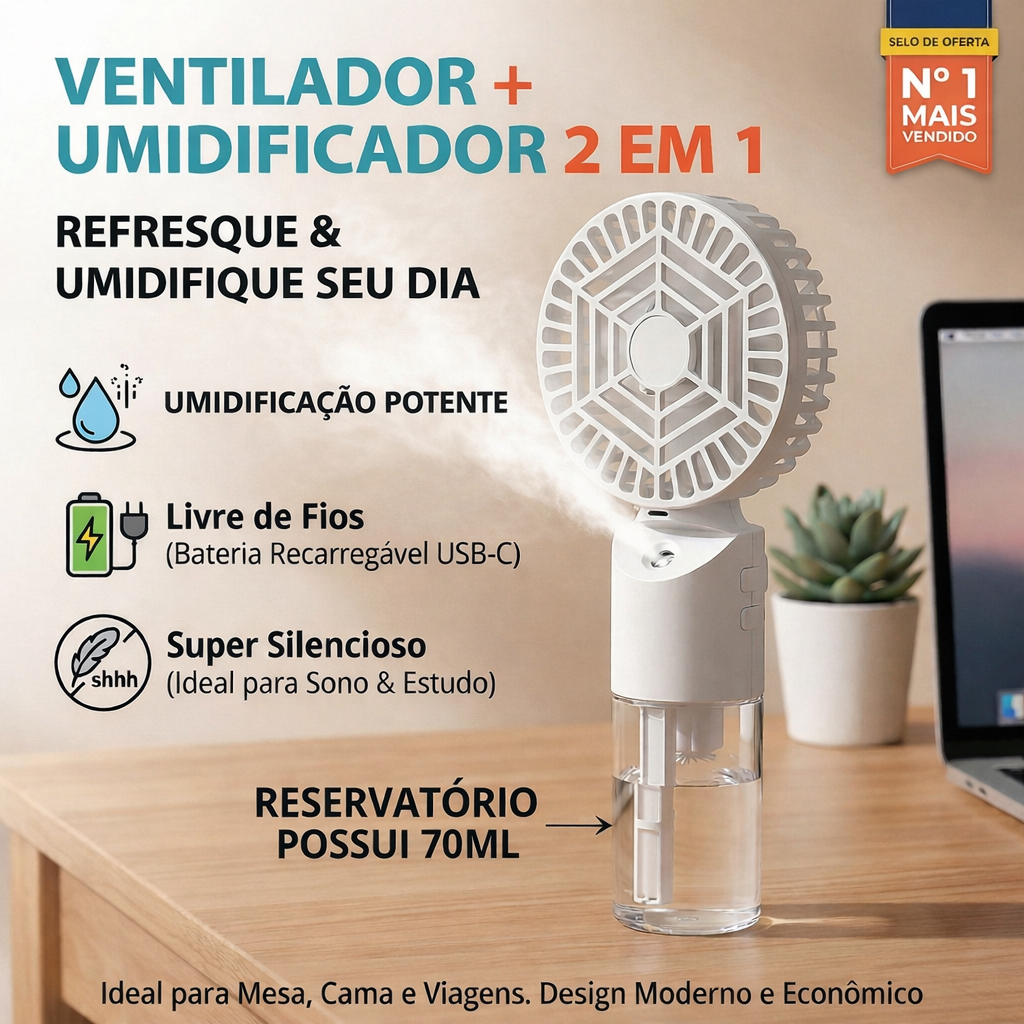 VENTILADOR UMIDIFICADOR PORTÁTIL ONISTEK FA-011 | USB-C | BATERIA | 3 NÍVEIS | RESERVATÓRIO 70 ML | BRANCO
