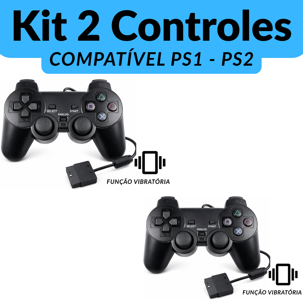 Kit 2 Controle PS1 PS2 Com Fio e Função Vibratória
