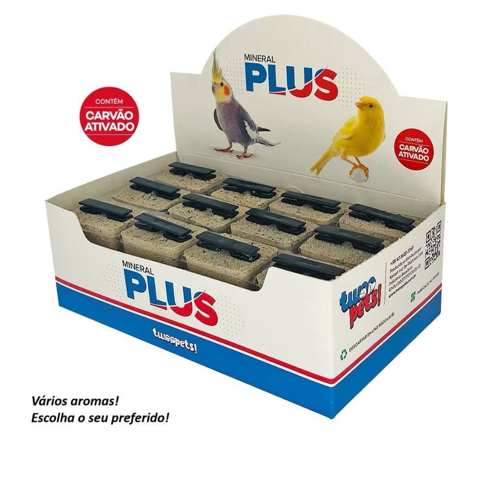Pedra de Cálcio Mineral Plus para Pássaros Caixa com 24 Unidades de 32G Cada Escolha o Sabor