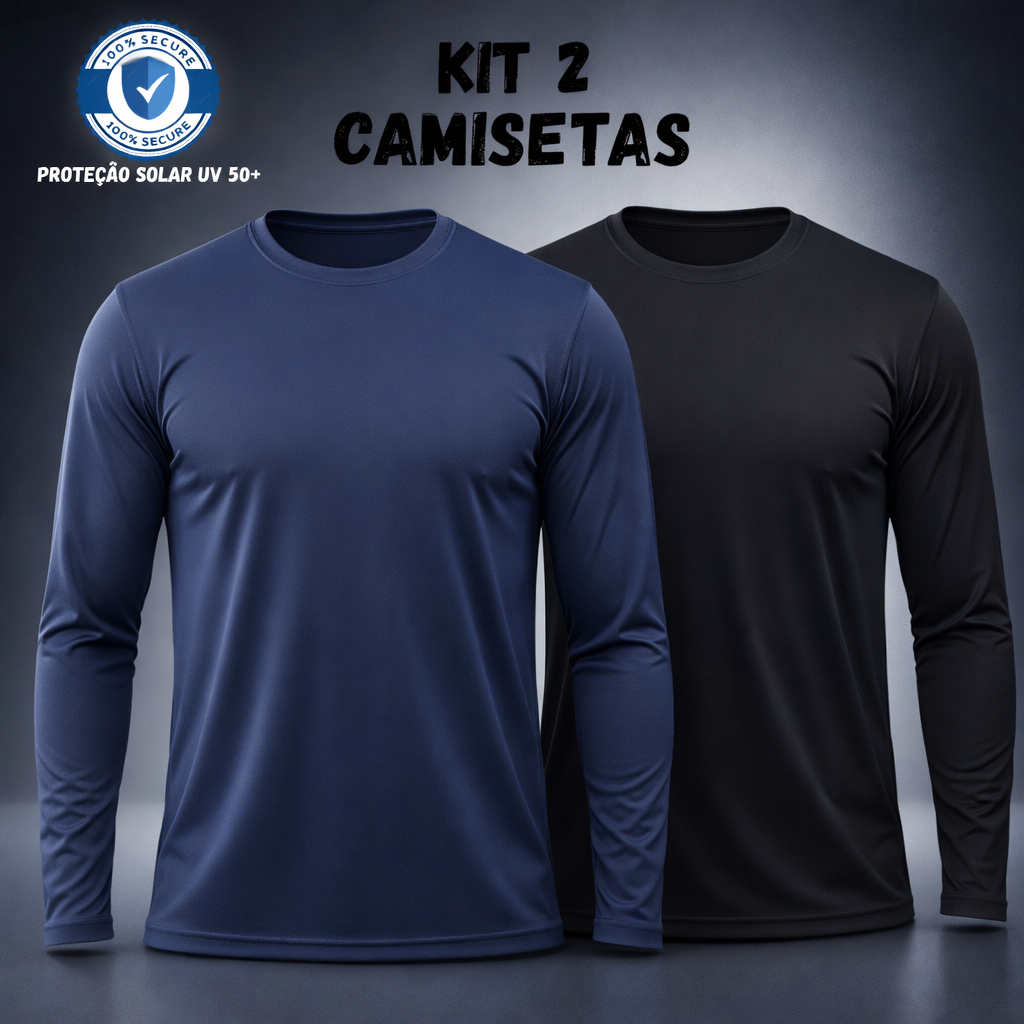 Kit 2 Camisetas Segunda Pele Masculina com Proteção Uv - Manga Longa | Corrida Ciclismo Academia