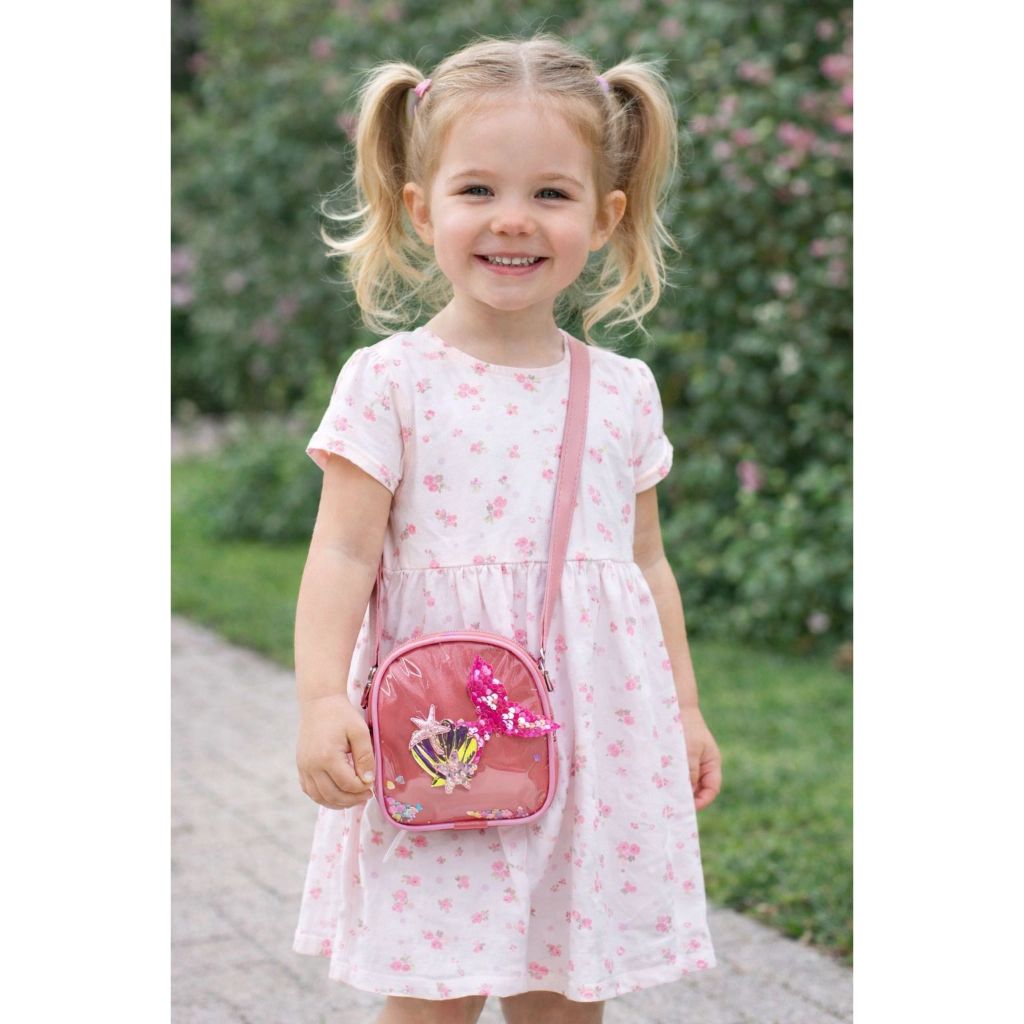 Bolsa Infantil Sereia Paetê Transversal Menina Mini Mochila Brilho Rosa Festa Passeio