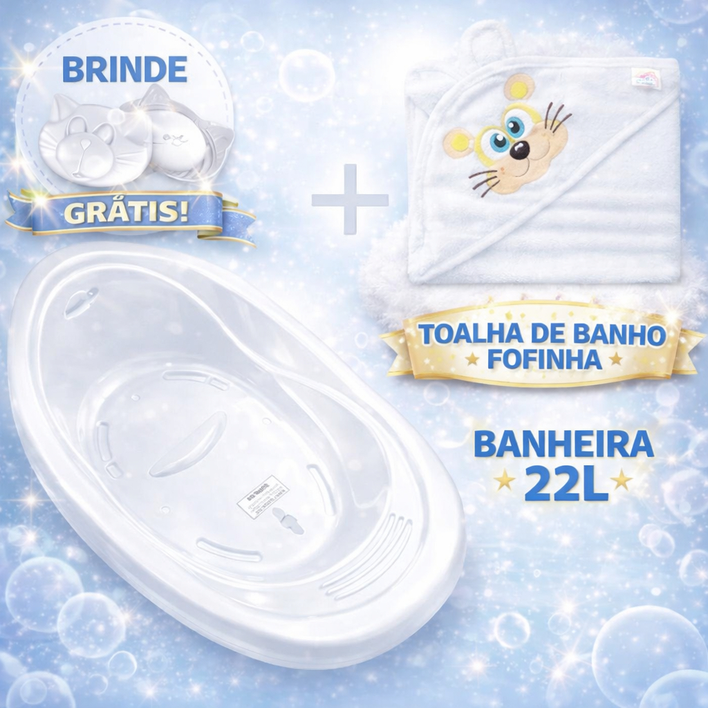 Kit Banheira de Bebe 22L +Toalha de banho + Saboneteira Menina/Menino e branco