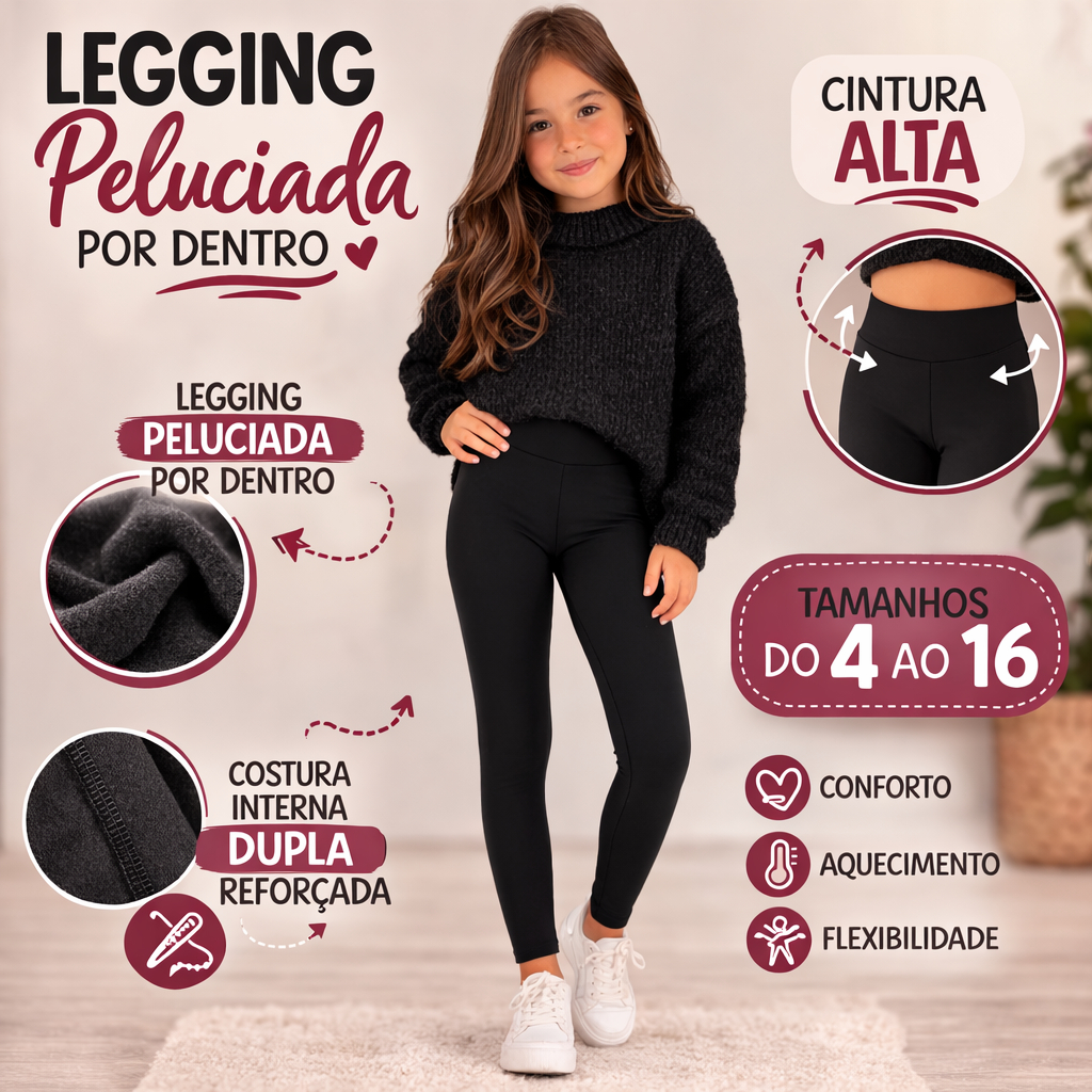 Legging Infantil Peluciada Inverno Cintura Alta Grossa Térmica Não Transparente Menina Tam 4 ao 16