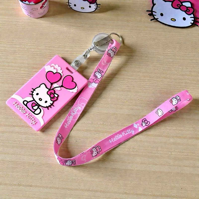 Porta-Crachá Infantil Hello Kitty - Kit com Cordão e Clip Retrátil Emborrachado | Identificador Vertical Escolar