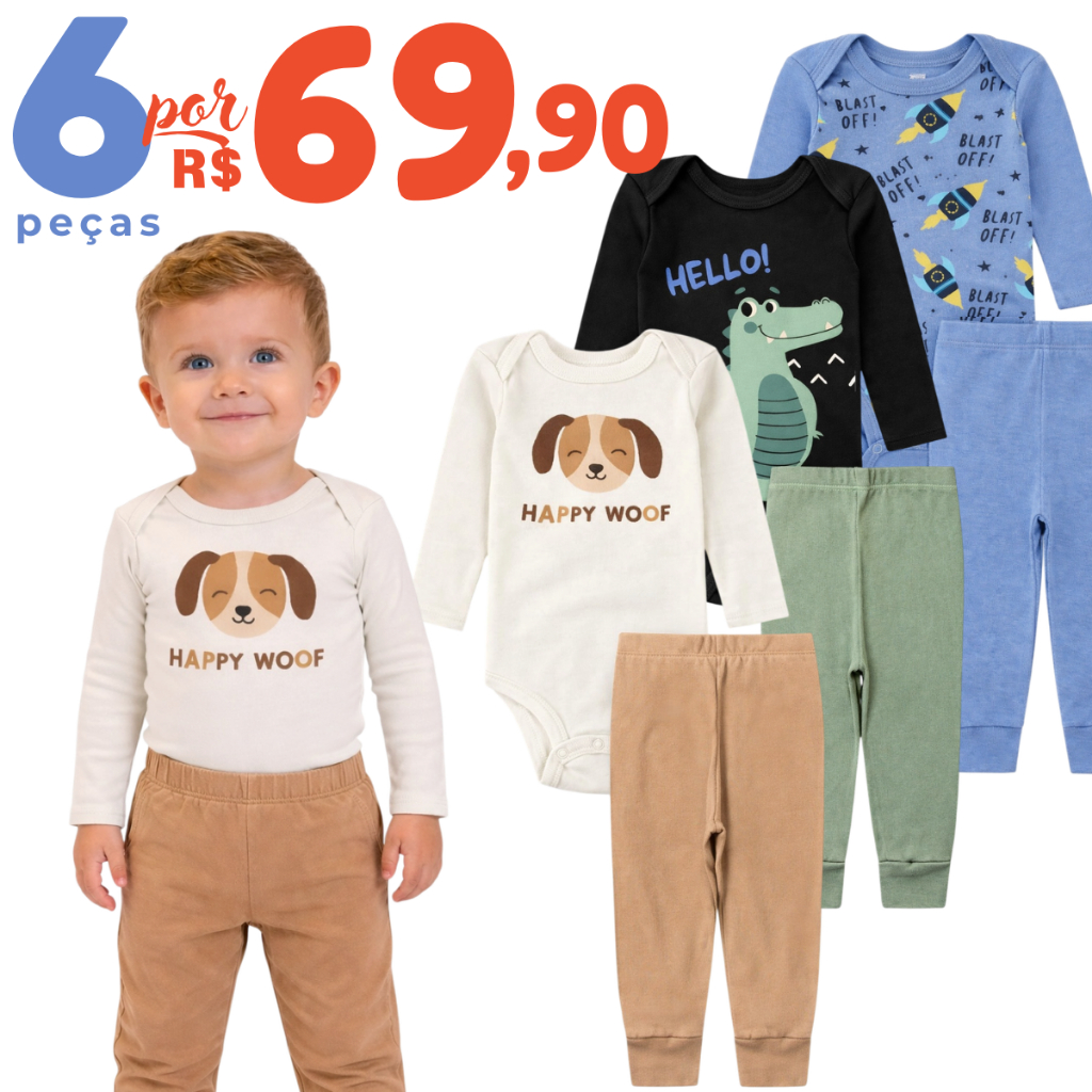 Kit 6 Peças de Roupas para Bebe Menino -- Conjunto Body Bebe
