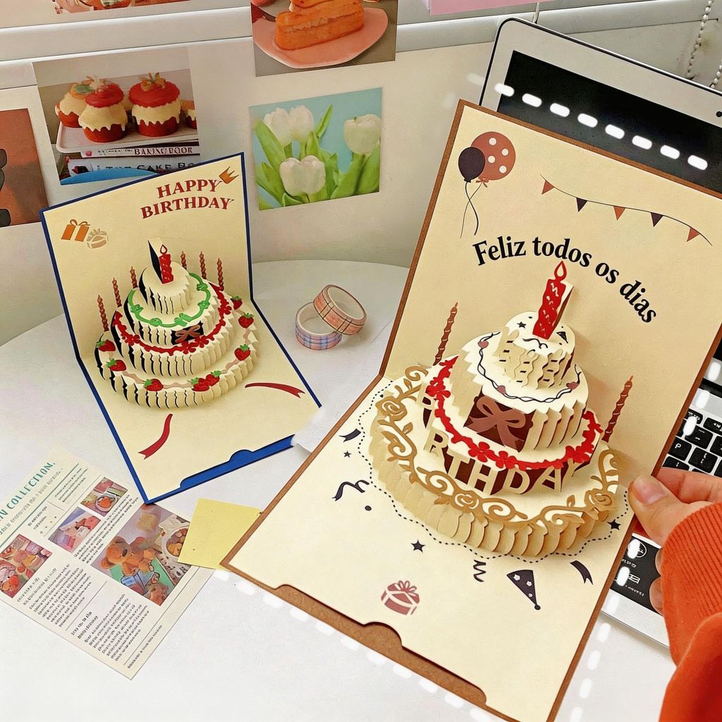 Cartão de Aniversário 3D Pop-Up Bolo Feliz Aniversário Cartão Criativo Presente Surpresa Papel Artesanal