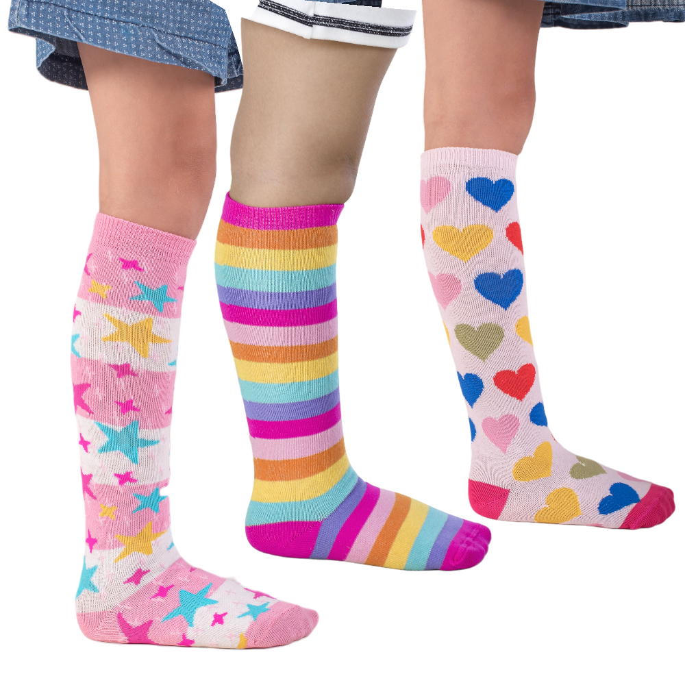 Meia Infantil Menina 3/4 em Algodão 22-33 Cano Longo Colorida Listrada Estampada Kit até 6 pares