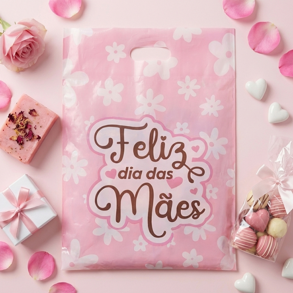 Sacola Embalagem Para Mimo Presente Feliz Dia das Mães 50 Unidades