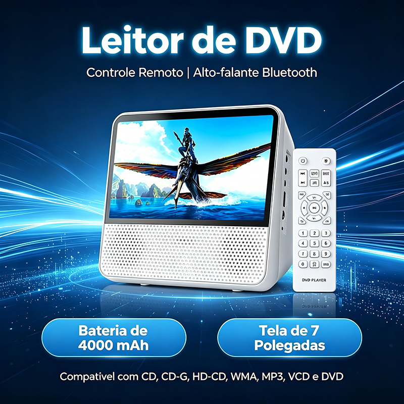DVD Player Bluetooth Leitor de CD/DVD Recarregável Portátil com Tela HD de 7'' Alto-falante Com entradas USB/AV/AUX