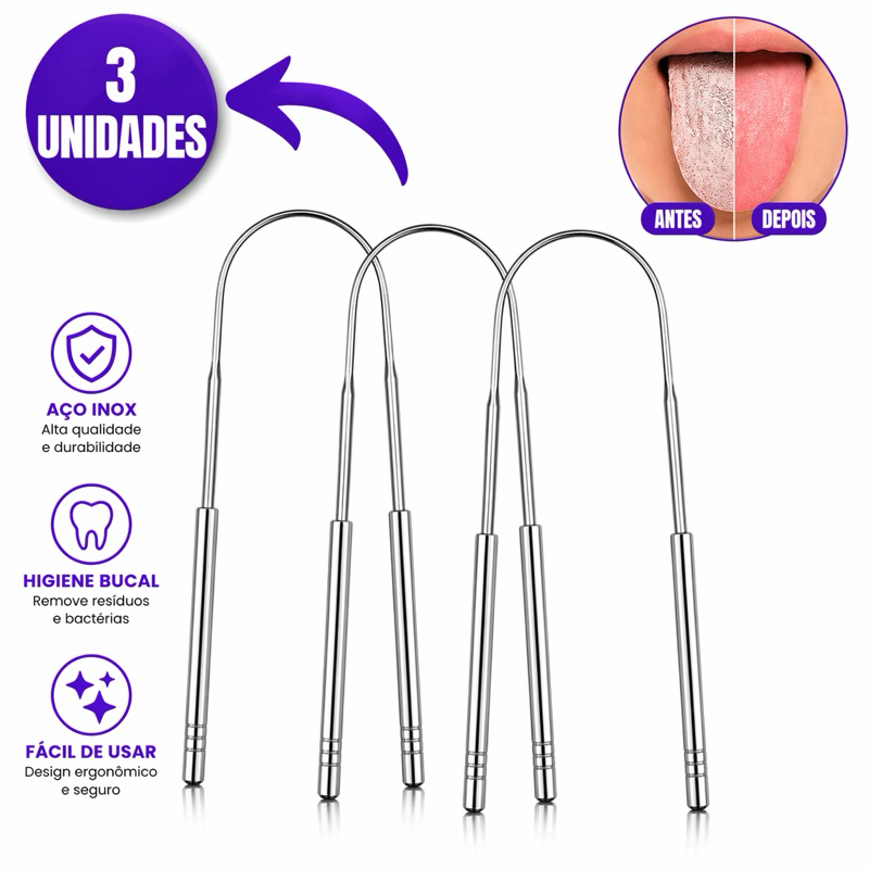 Limpador de Língua em Aço Inox – Raspador Bucal Anti Mau Hálito e Higiene Oral Completa