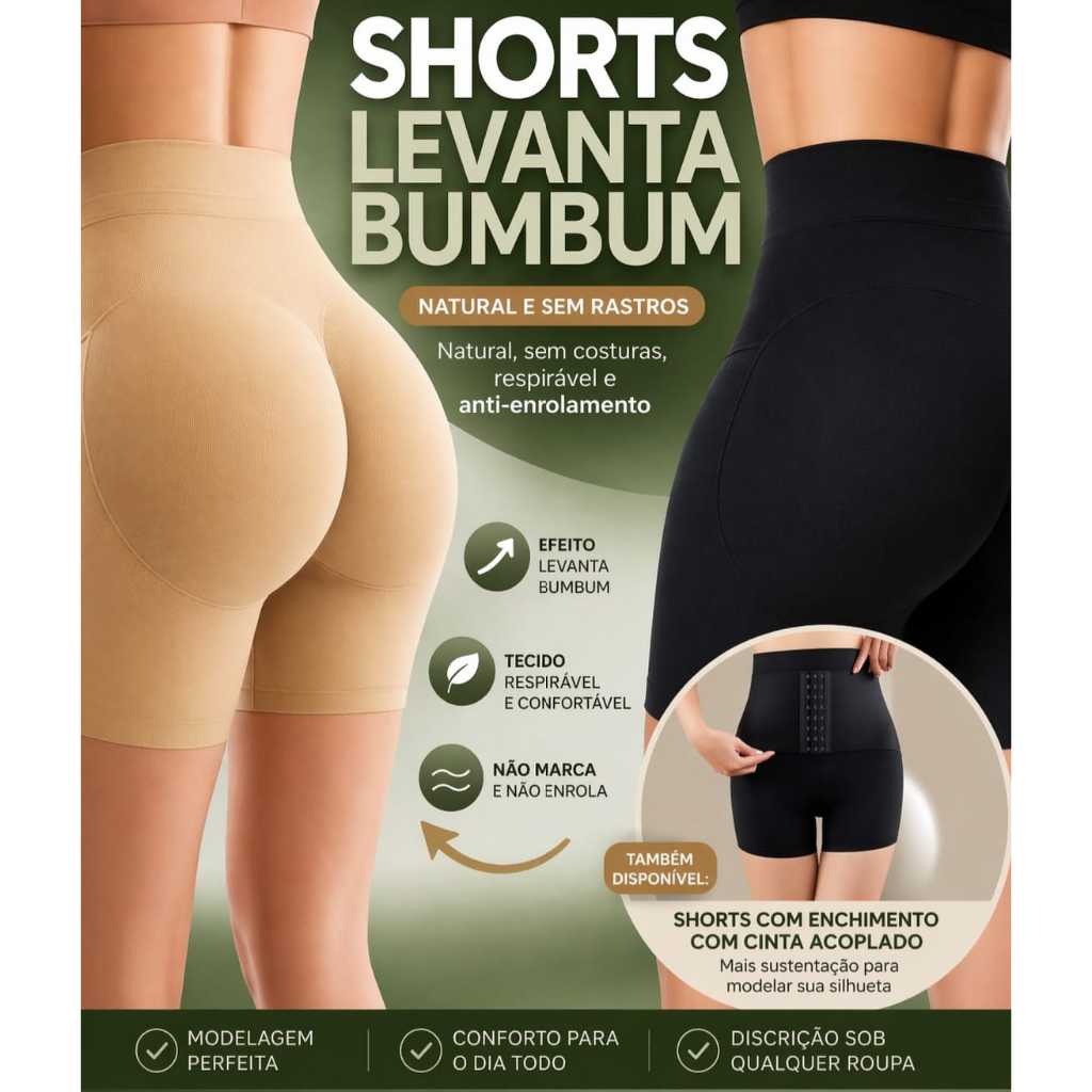 Shorts Levanta Bumbum Modelador com Enchimento e Com Cinta Sem Costura Alta Compressão