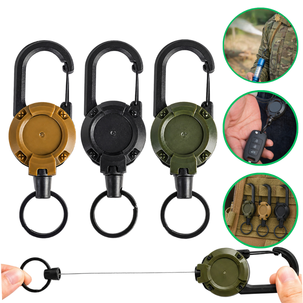 Chaveiro Retrátil Mosquetão Tático Cordão Extensível Resistente Para Mochila Anti-Perda 60 Cm