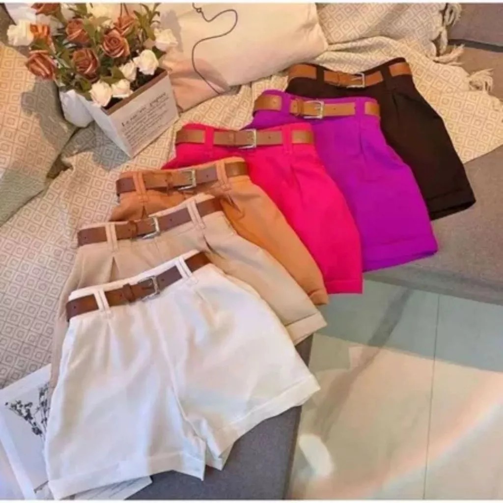 Kit 2 Short Alfaiataria Feminino com Cinto com Bolso Cintura Alta Social PROMOÇÃO