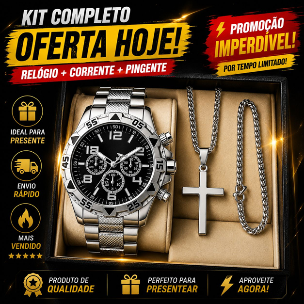 Relógio Masculino Aço Inox Resistente com Corrente e Pulseira