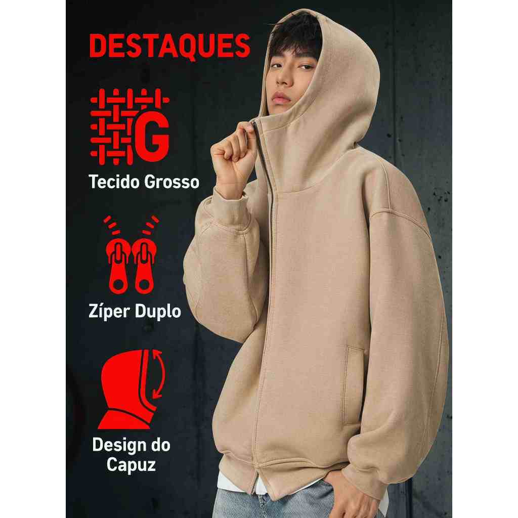 Moletom 3 cabos  Masculino com Capuz Zíper Duplo Tecido Grosso Oversized Casual Básico