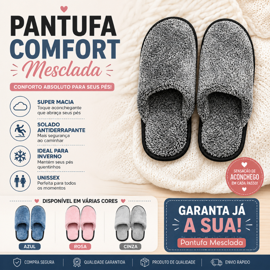 Pantufa Mesclada Unissex Inverno Quentinha Pelúcia Macia Antiderrapante Conforto Casa Frio