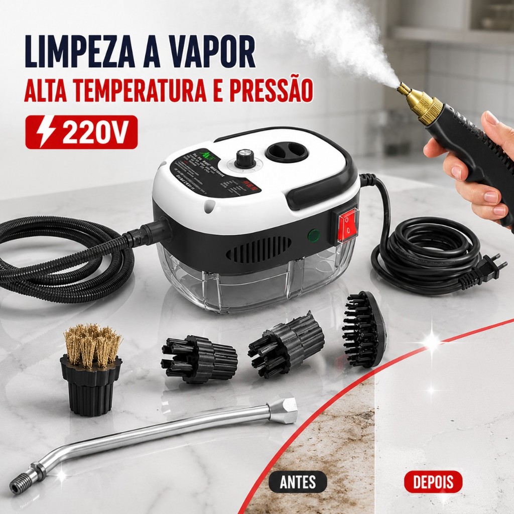Vaporizador Portátil 2500W Alta Potência com 3 Escovas – Limpeza Profunda para Cozinha e Banheiro