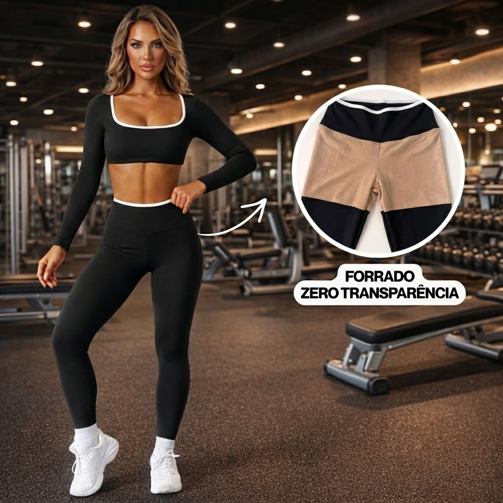 Conjunto Manga Longa Forrado de Academia Fitness Feminino com Top Manga Comprida e Legging Cós Alto