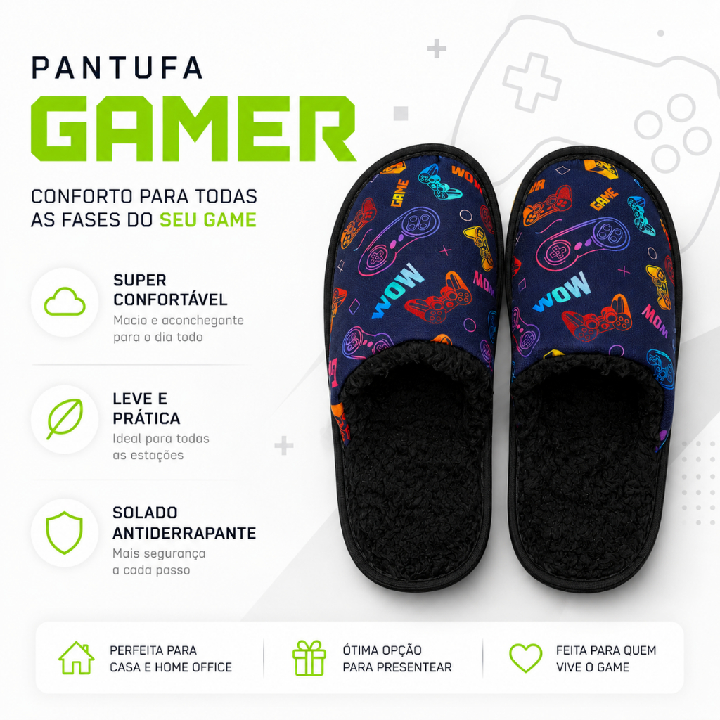 Pantufa Infantil Gamer Confortável - Estampa Gamer e WOW