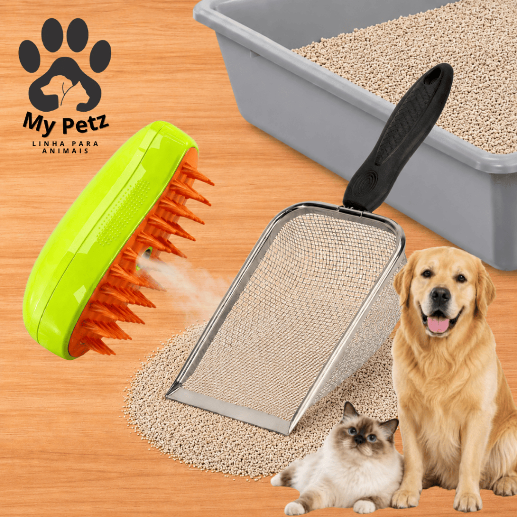 Escova A Vapor Pra Gatos Cães + Pá De Aço Inox Higiênica, Pentes De Remoção Pelos Animais Estimação