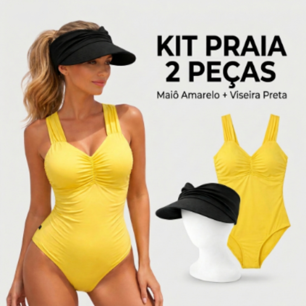 Kit 2 Peça Maiô+Viseira Feminino Praia Suplex Premium Body Comfortável Disfarça Barriga Biquini