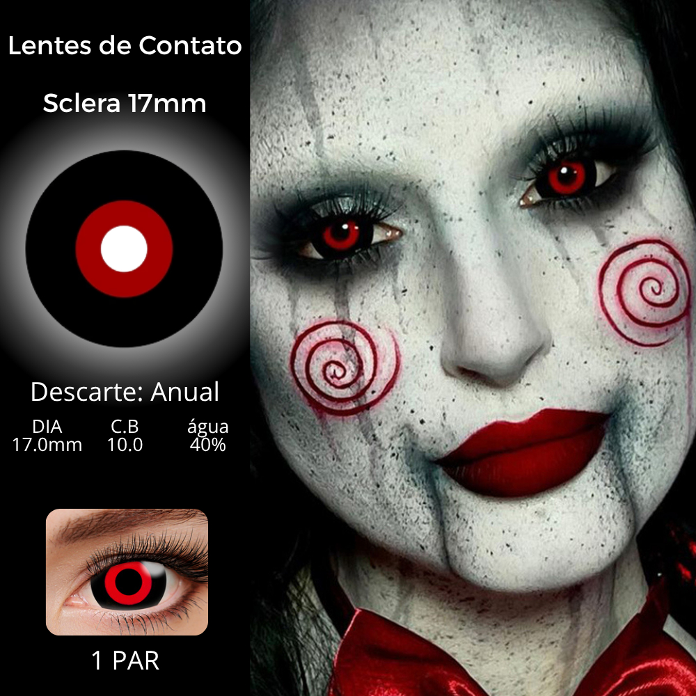 (1 par) Lentes de Contato Mini Sclera 17mm Preta Vermelha Halloween Tokyo Ghoul Jigsaw Jogos Mortais