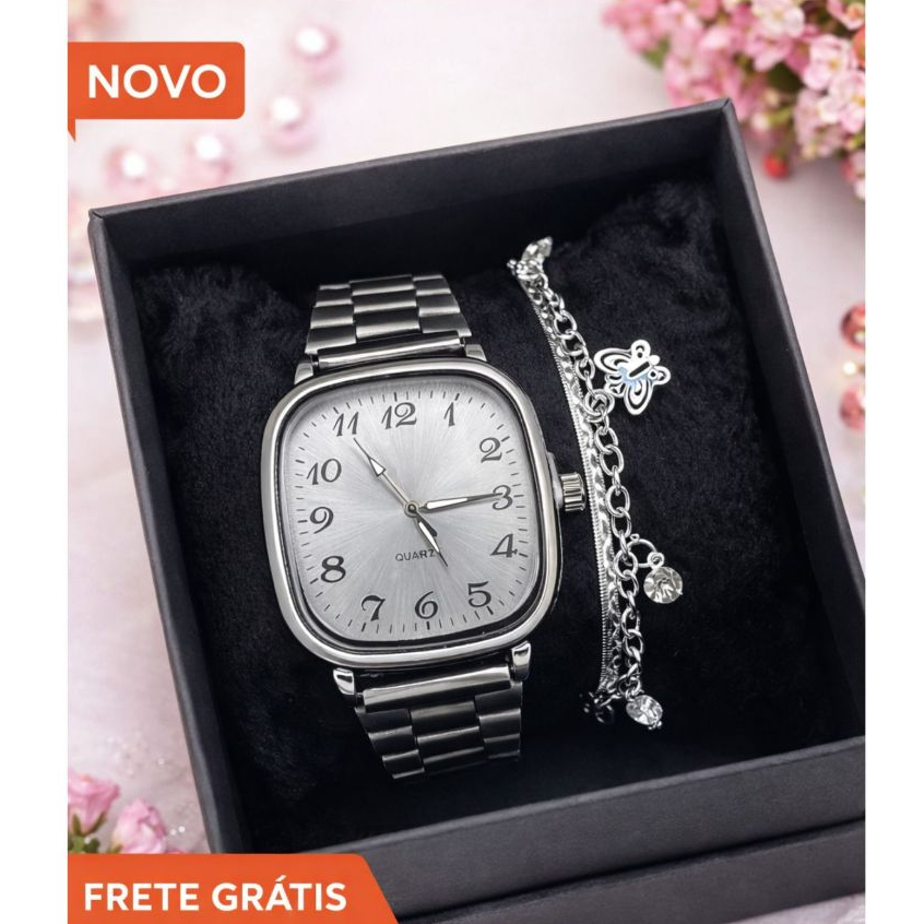 Kit Relógio Quartz Luxo com Pulseira + Caixa – Prata, Preto, Dourado e Rose | Elegante e Moderno