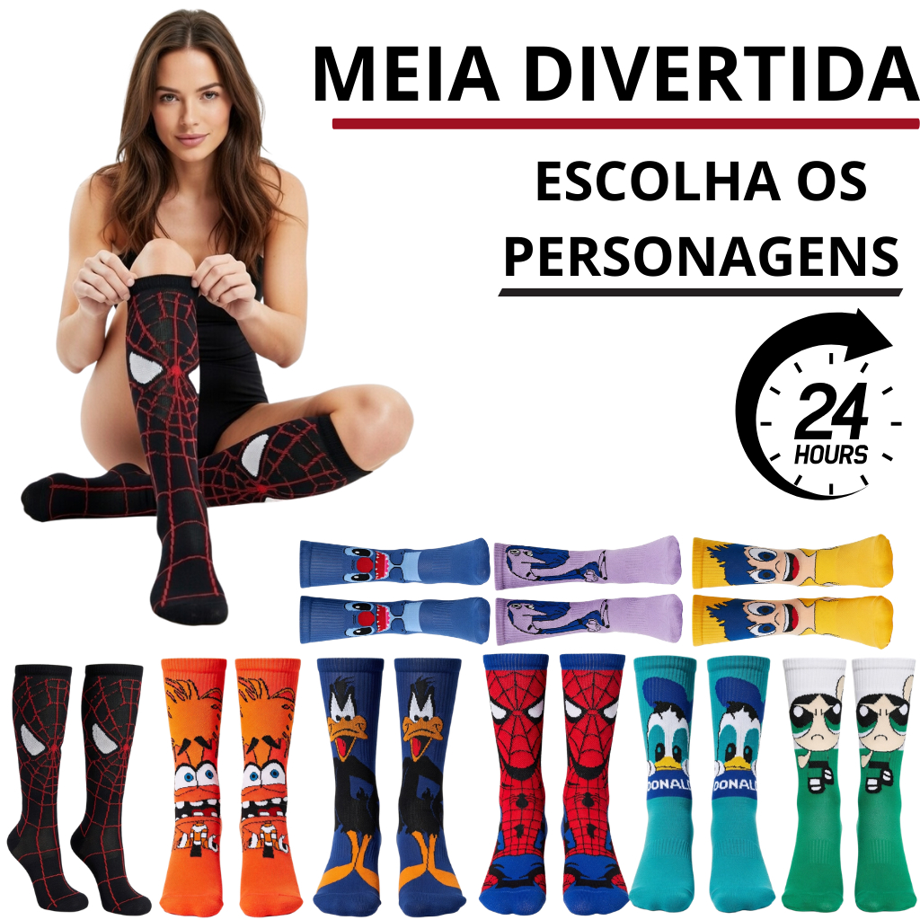 meias divertidas de personagem masculina e feminina cano longo médio heróis