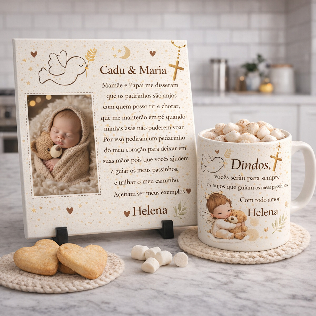 Kit Convite Dindos e Dindas Personalizado Azulejo + Caneca Porcelana + Suporte  Presente | Padrinhos