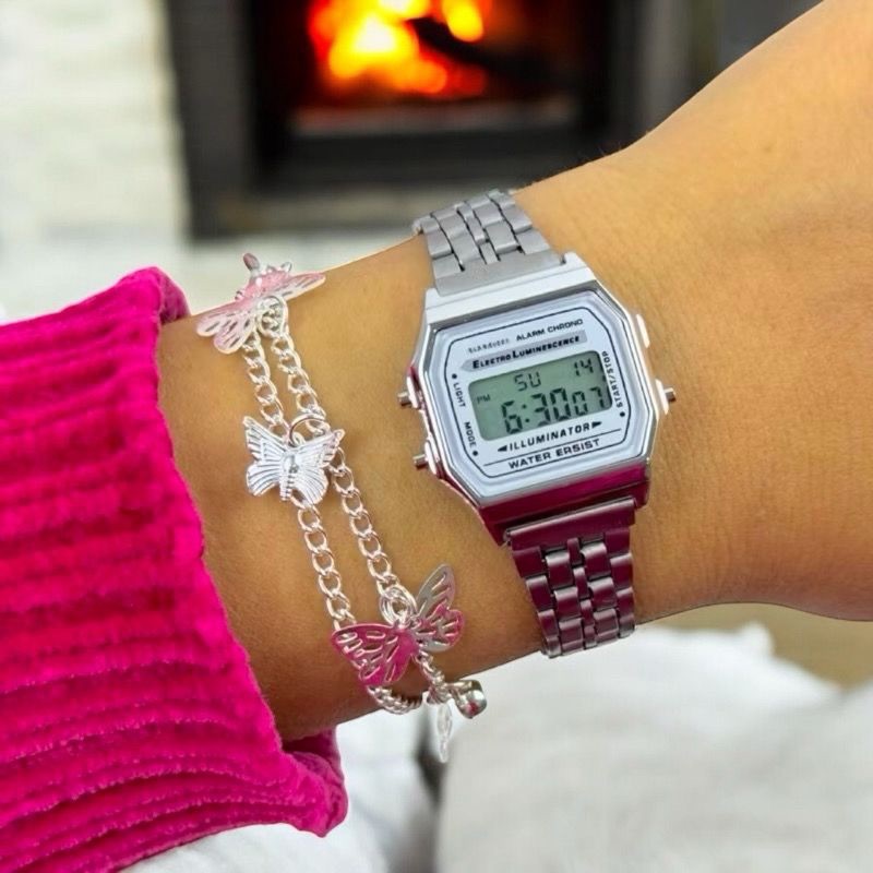 Relógio Feminino MINI Digital Prata LED Unissex Visor Grande Aço Inoxidável Masculino Feminino Retrô Moderno