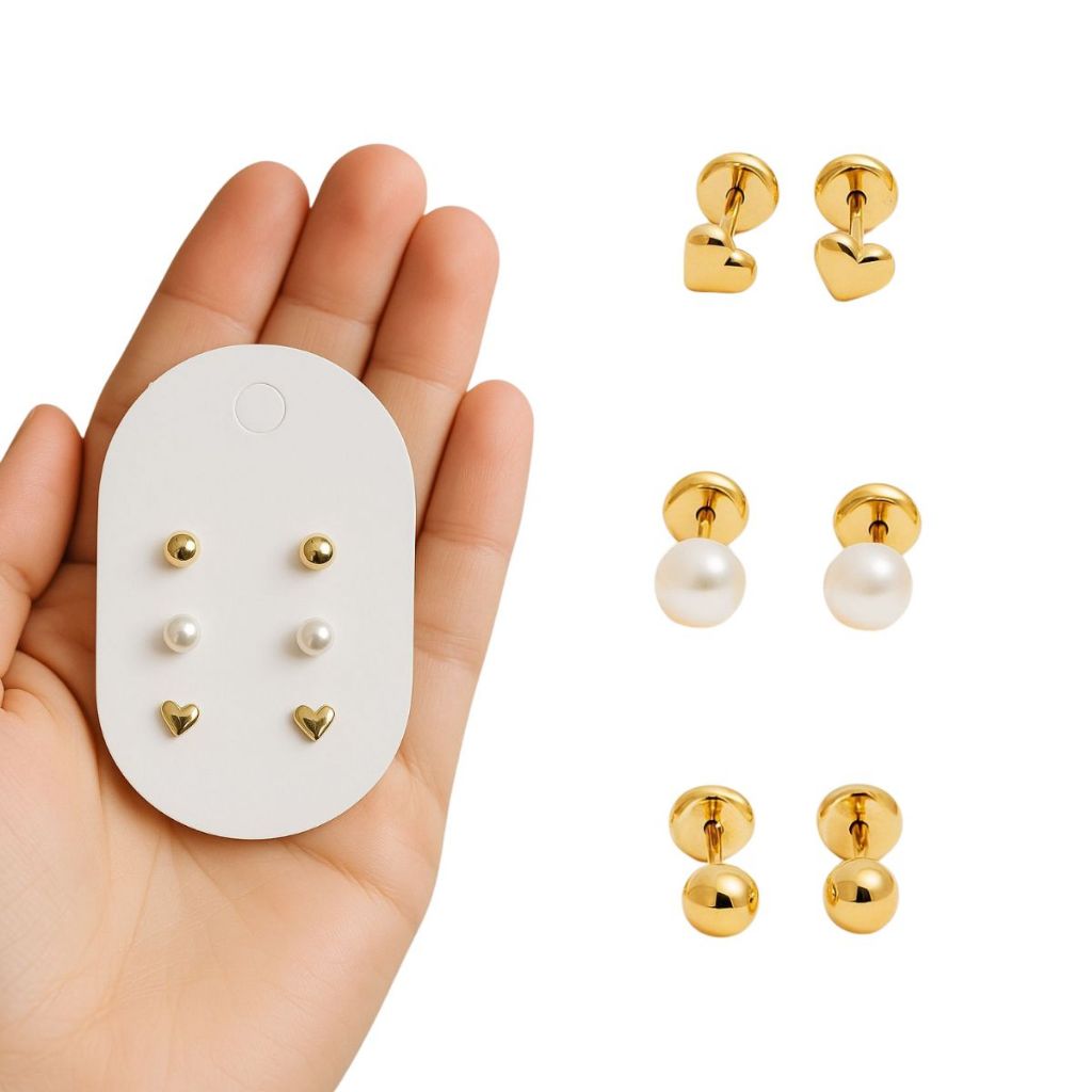 Trio Brincos Baby Antialérgico Ouro 18K Infantil Recém-Nascido Tarraxa Rosca Bolinha Coração Pérola