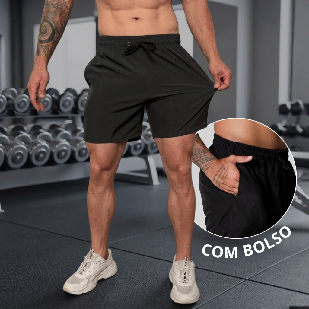 Bermuda Preta Tectel Esportiva Masculina Bolso Confortável Short Para Corridas  Academia