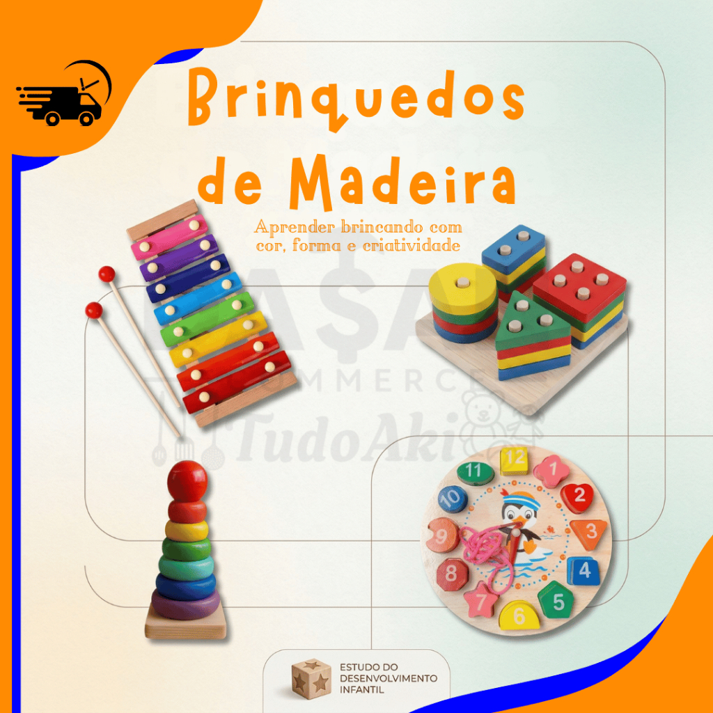 Brinquedo Montessori com xilofone, torre de encaixe, relógio didático e encaixe quadrado