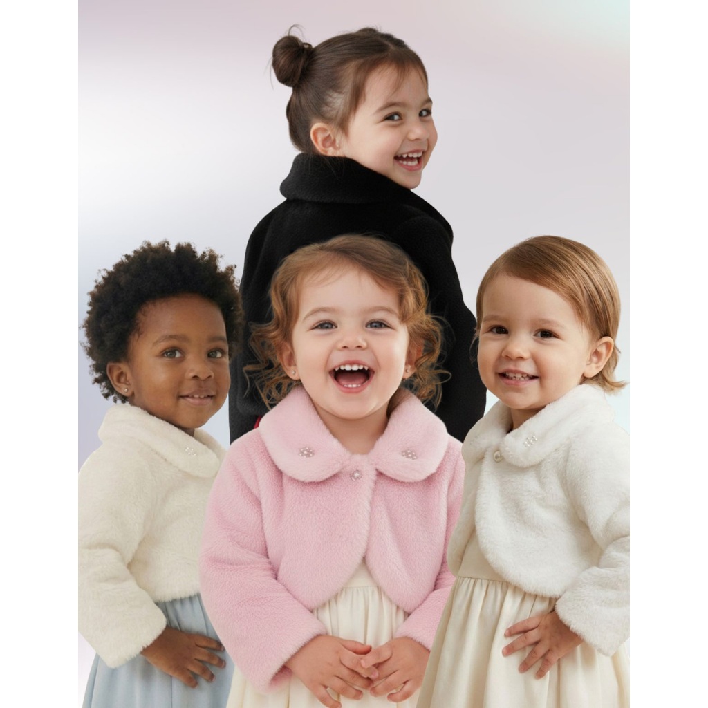 Bolero Infantil Bebê Menina Pelinho Pele Sintética com Gola Bordado Forrado Quentinho (P/G) e (1/3)
