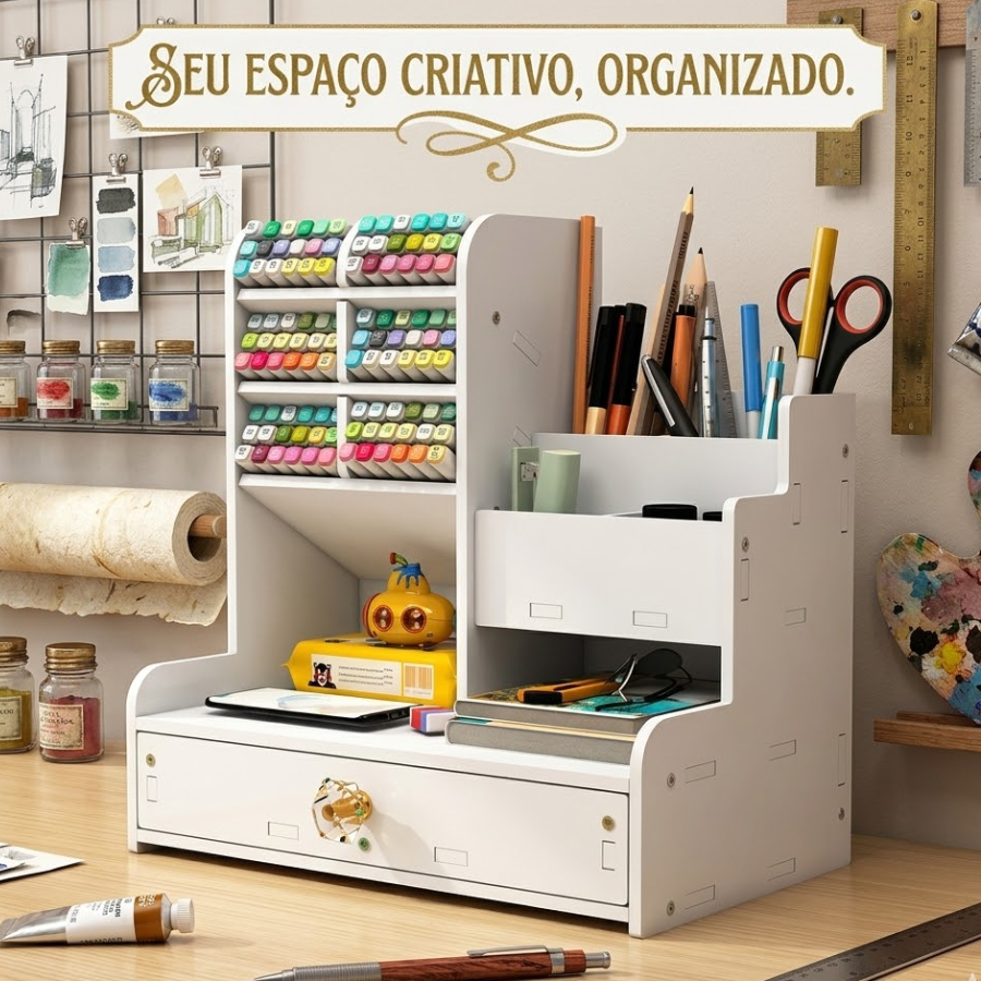 Organizador de Bancada MDF com Nichos e Gaveta para Canetas e Papelaria