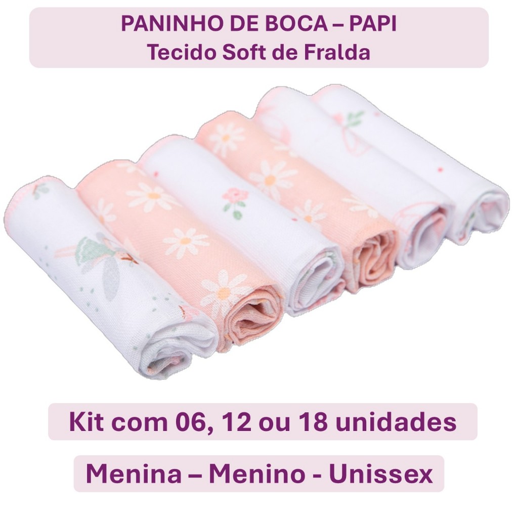 Kit 6 Pano de Boca 100% Algodão Paninho Fralda de Bebe 28cm x 28cm Papi